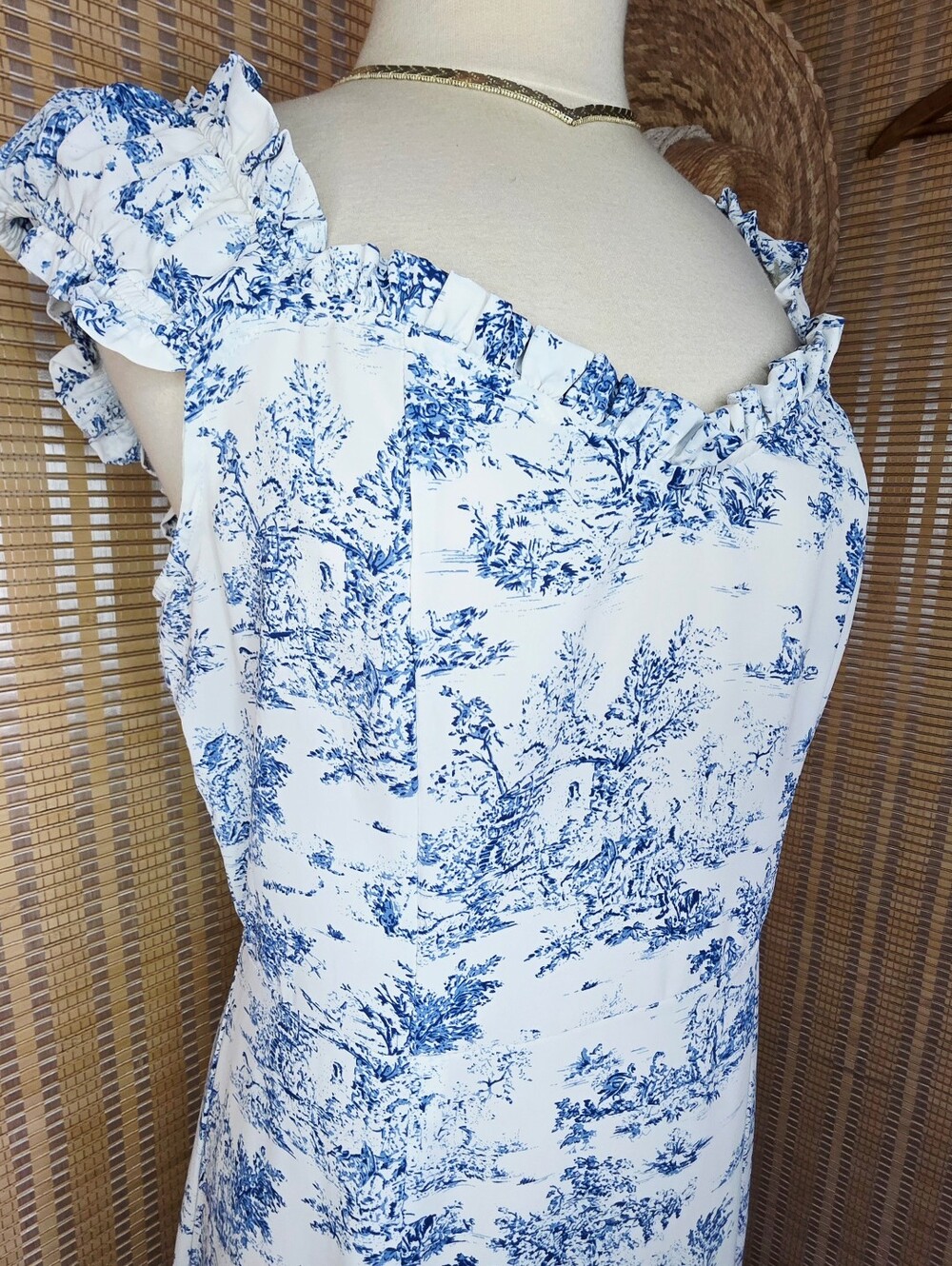 Blue White Toile Flowy Maxi Dress Ruffles Cottagecore , Size XL - Picture 9 of 9